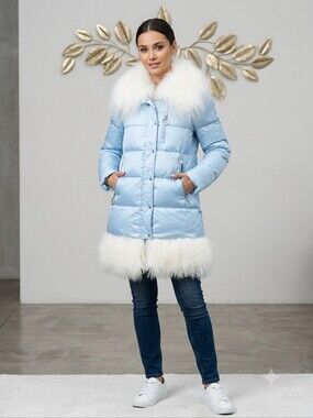 Light Blue Quilted Puffer Coat with White Real Llama Fur Size M